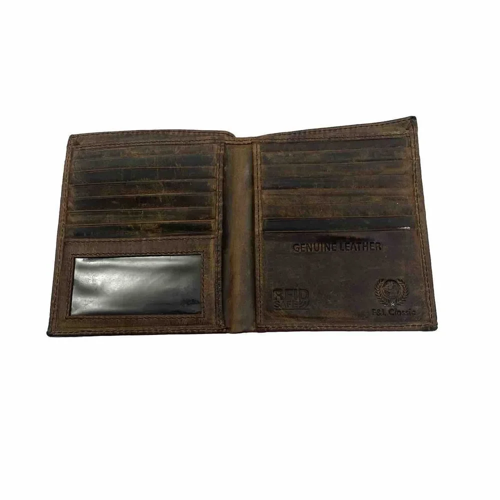 F&L Classic‎ Brown Genuine Leather Bifold Wallet RFID Safe Vintage